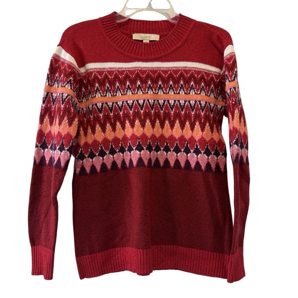 LOFT Sweaters - LOFT Sweater Womens‎ XS Fair Isle Geometric Pullover Red Multi Cotton Blend Warm